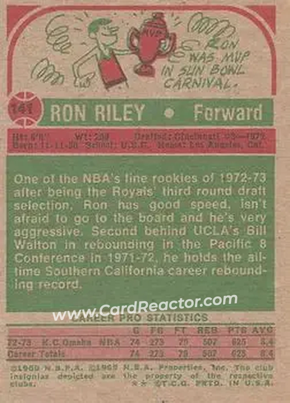 1973-74 Topps #141 - Ron Riley - Kansas City-Omaha Kings - Back 1973-74 Topps #141 - Ron Riley - Kansas City-Omaha Kings - Back
