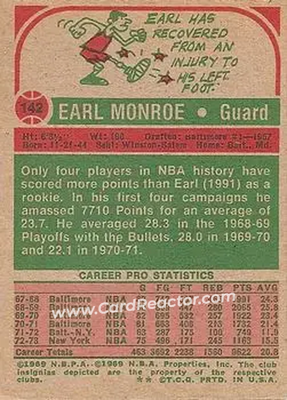 1973-74 Topps #142 - Earl Monroe - New York Knicks - Back