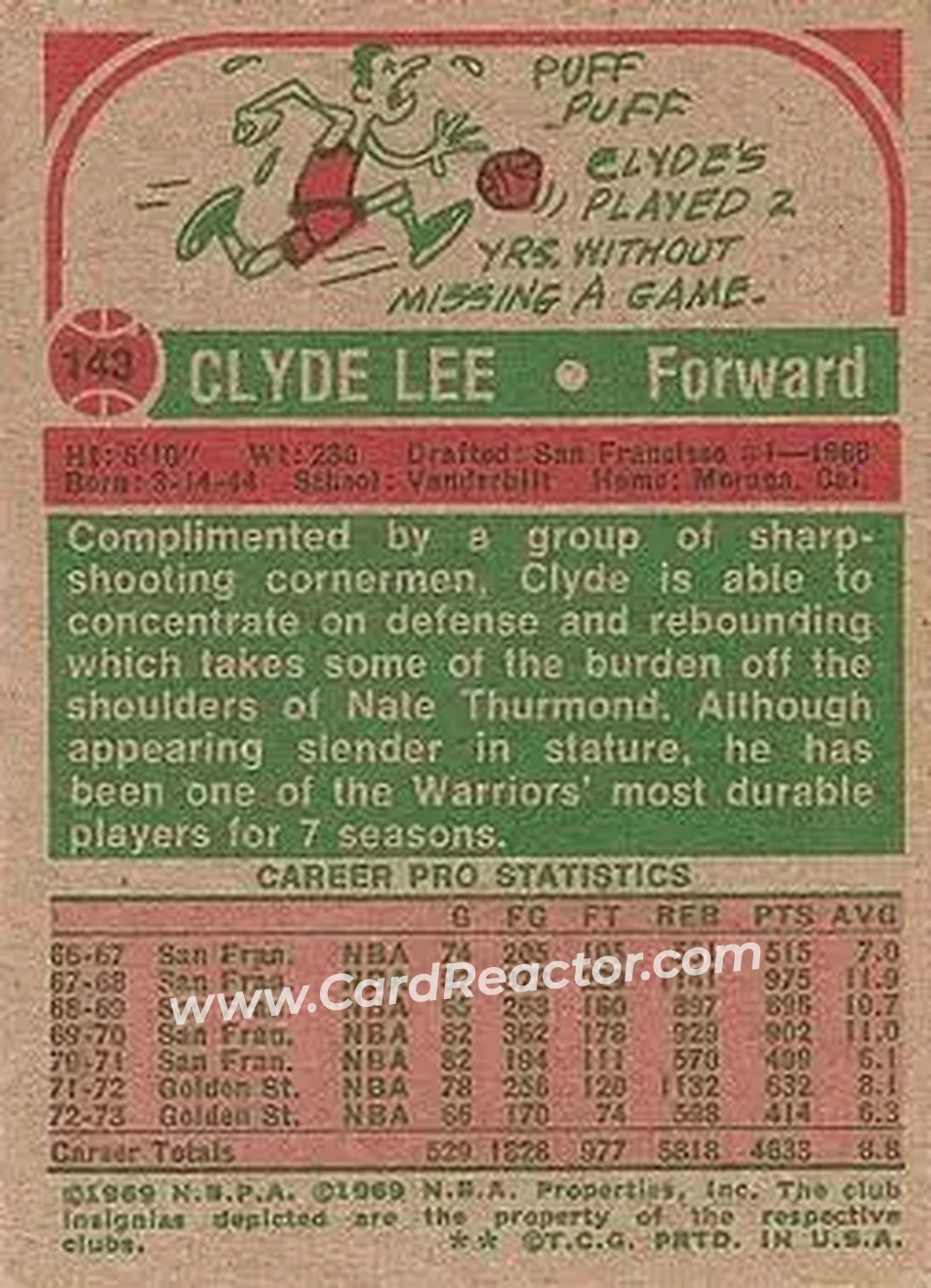1973-74 Topps #143 - Clyde Lee - Golden State Warriors - Back 1973-74 Topps #143 - Clyde Lee - Golden State Warriors - Back
