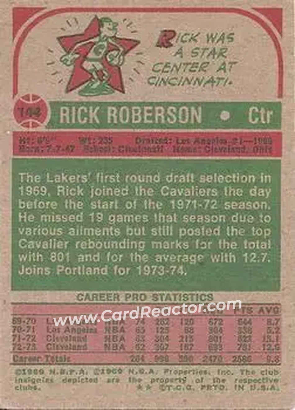 1973-74 Topps #144 - Rick Roberson - Portland Trail Blazers - Back