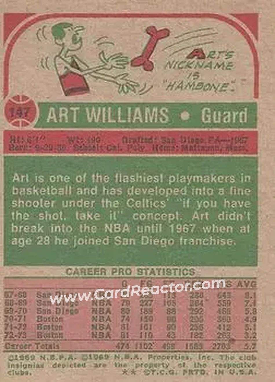 1973-74 Topps #147 - Art Williams - Boston Celtics - Back