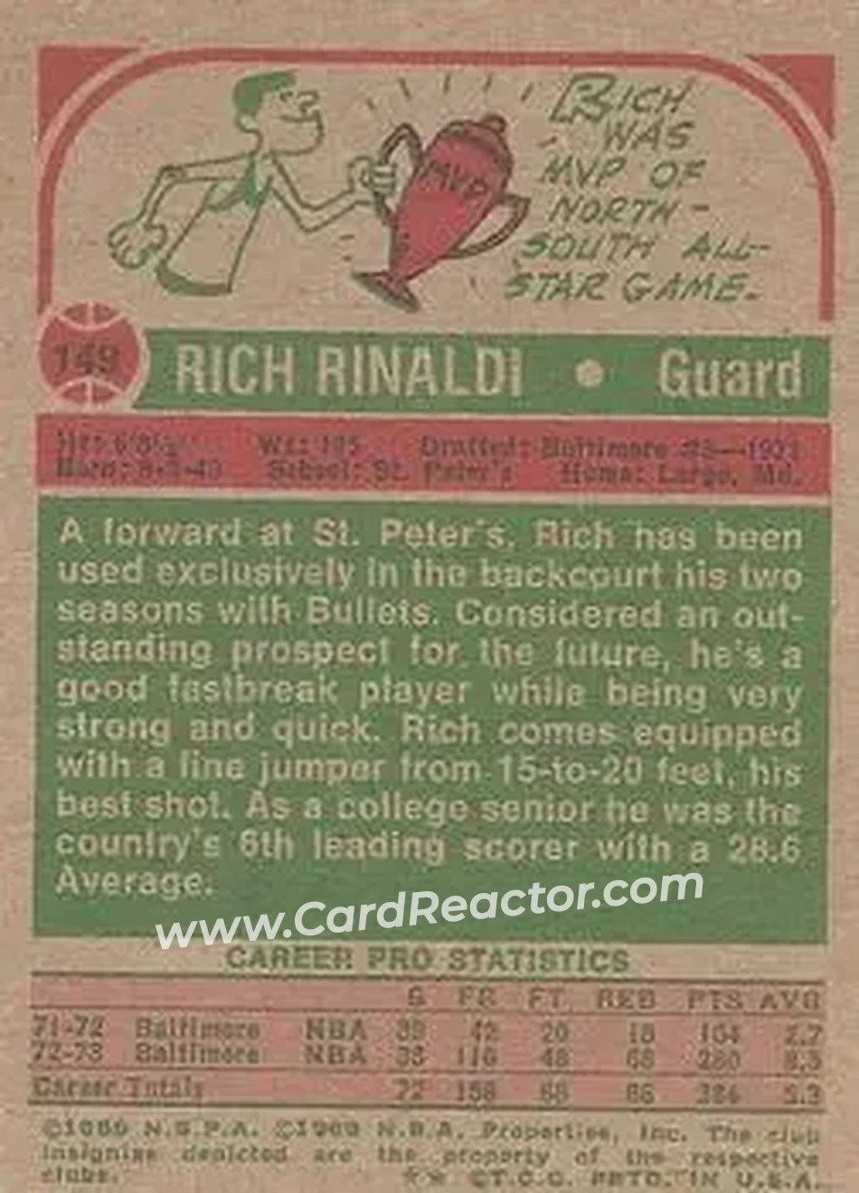 1973-74 Topps #149 - Rich Rinaldi - Capital Bullets - Back
