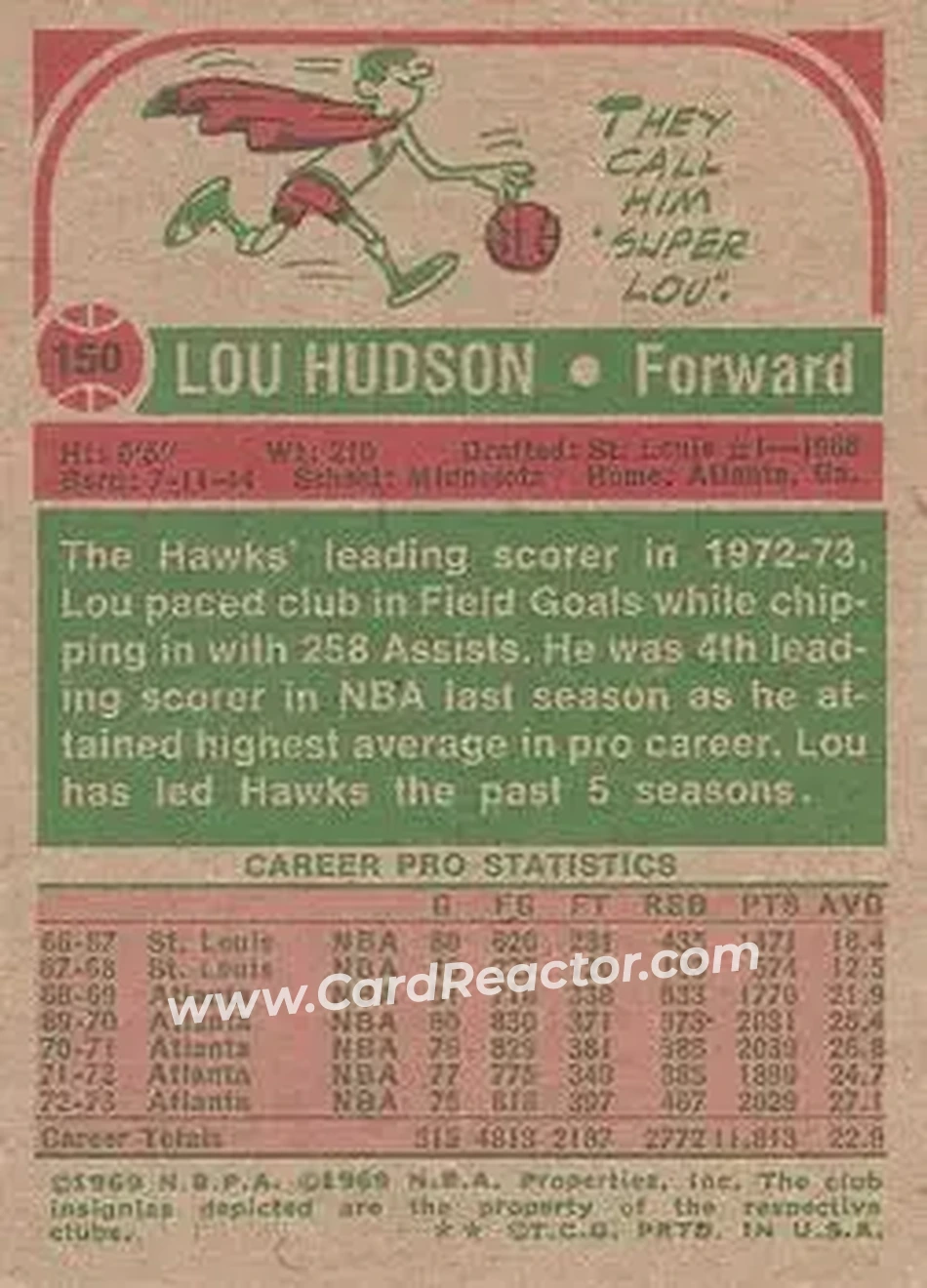 1973-74 Topps #150 - Lou Hudson - Atlanta Hawks - Back 1973-74 Topps #150 - Lou Hudson - Atlanta Hawks - Back