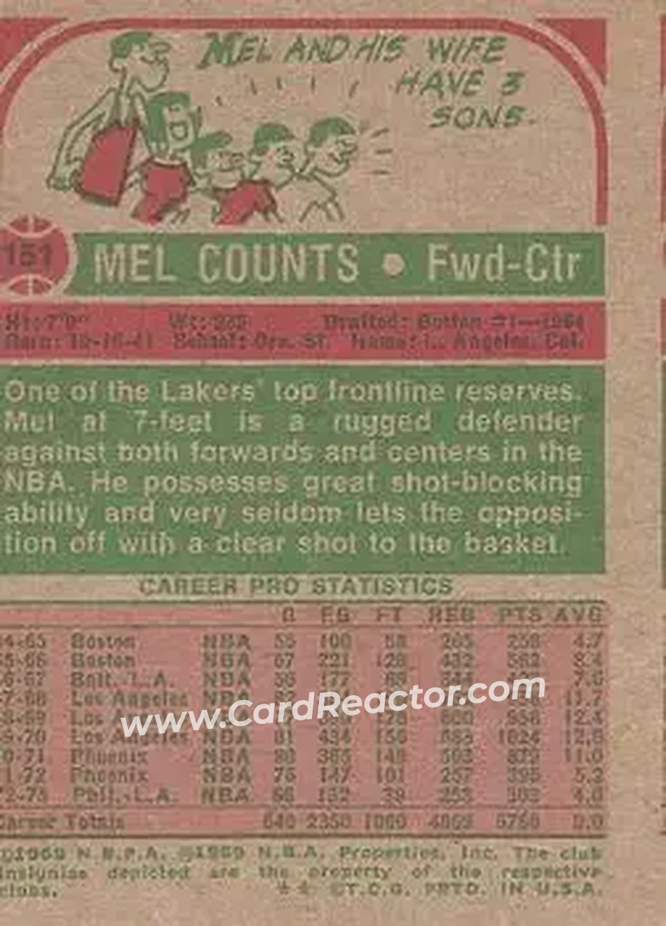 1973-74 Topps #151 - Mel Counts - Los Angeles Lakers - Back 1973-74 Topps #151 - Mel Counts - Los Angeles Lakers - Back