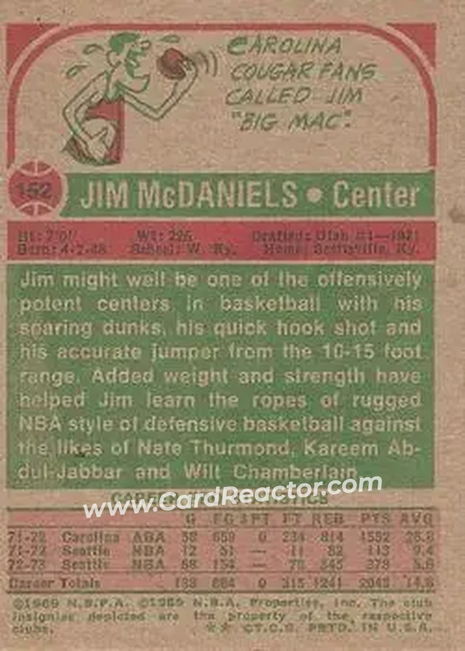 1973-74 Topps #152 - Jim McDaniels - Seattle SuperSonics - Back