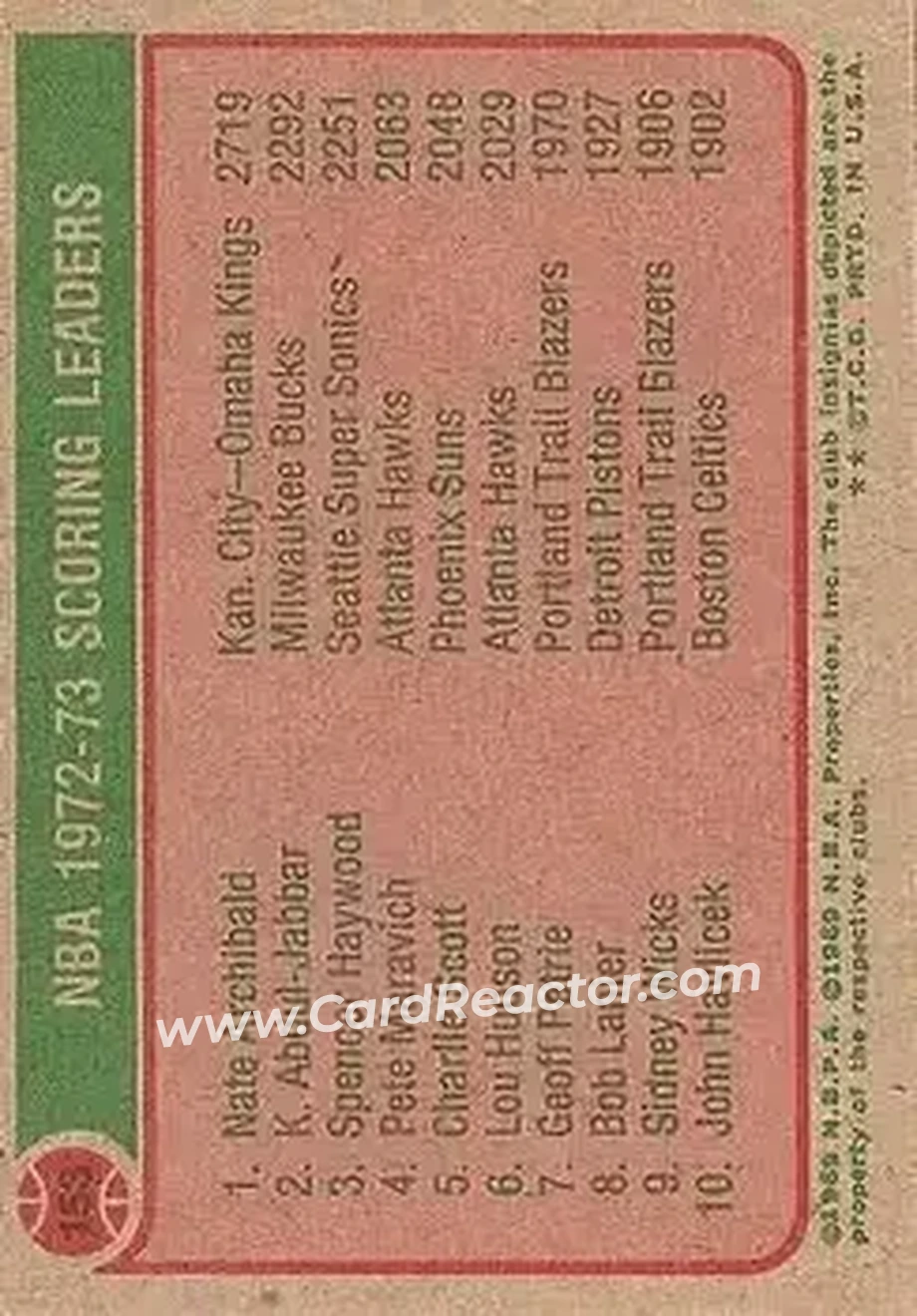 1973-74 Topps #153 - Card #153 - Back