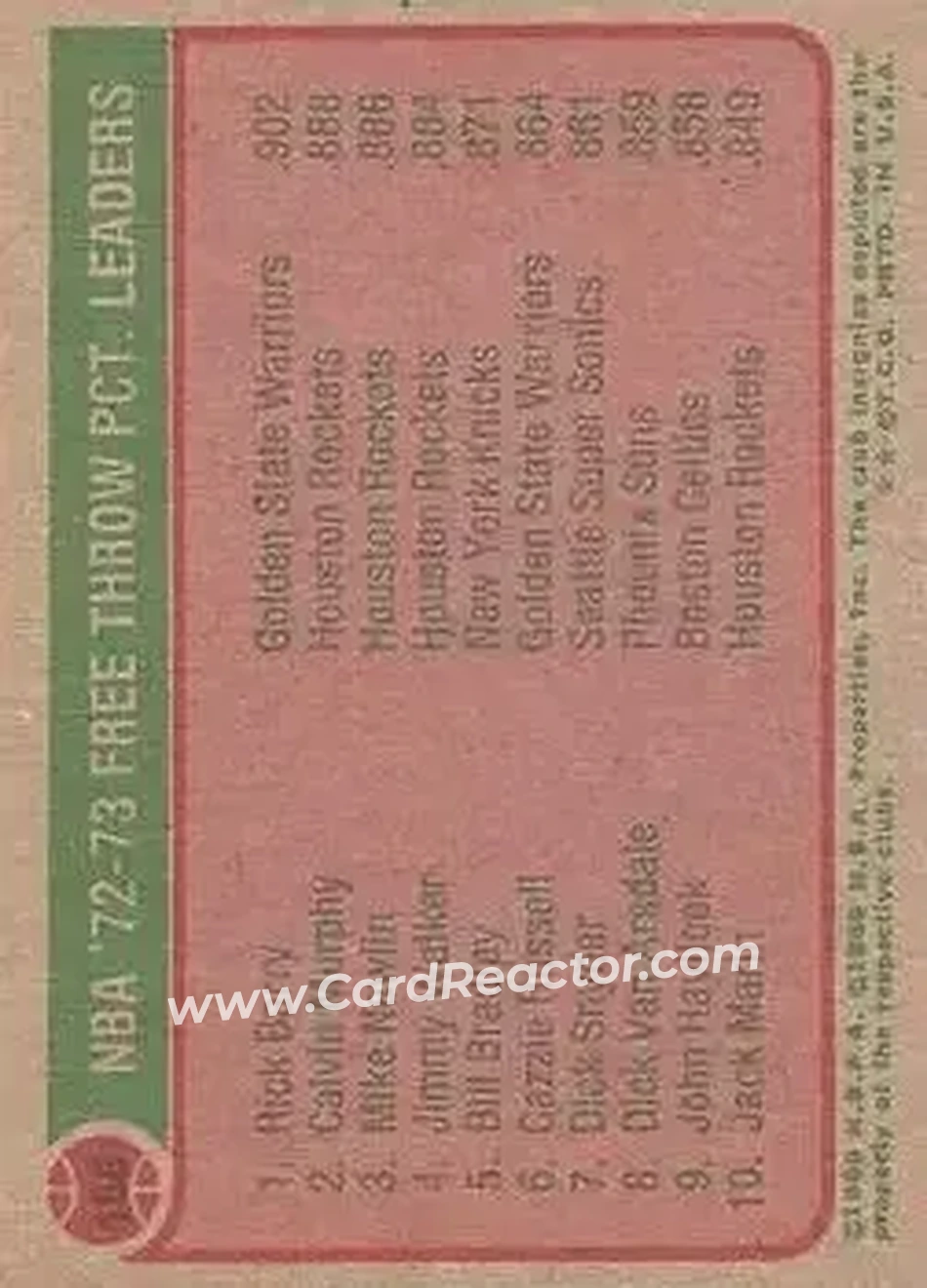 1973-74 Topps #156 - Card #156 - Back