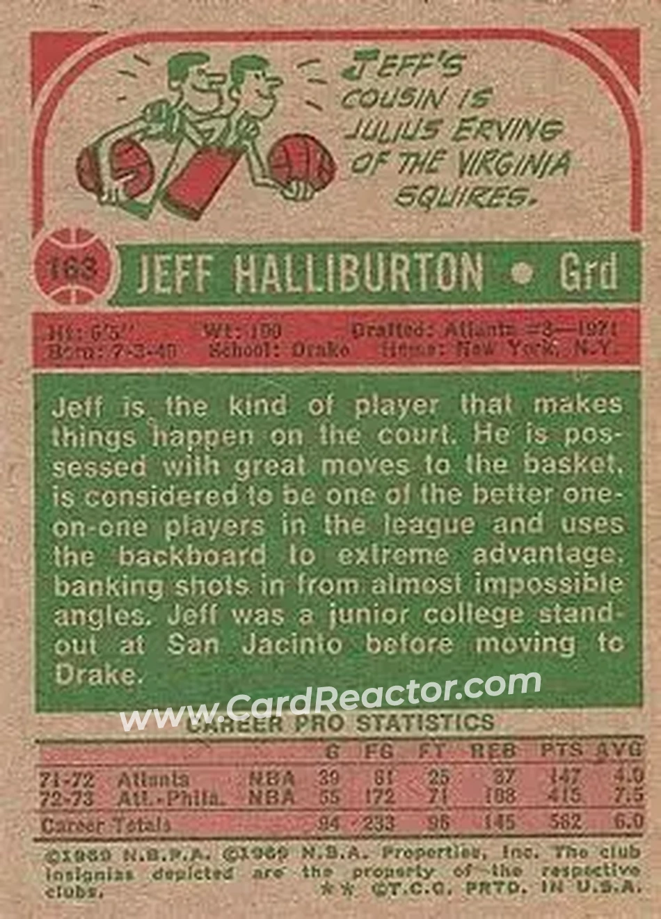 1973-74 Topps #163 - Jeff Halliburton - Philadelphia 76ers - Back