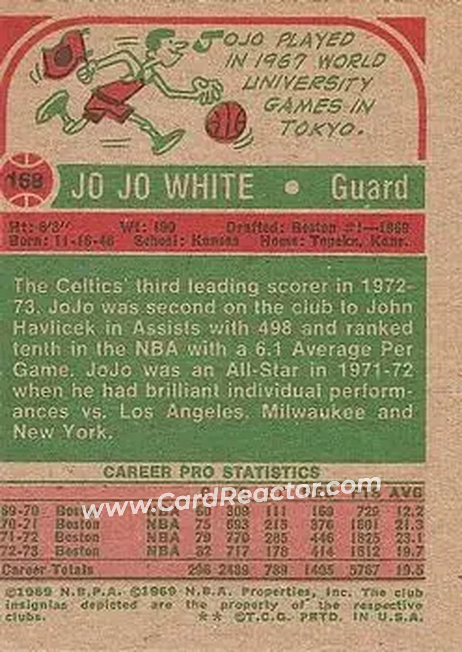1973-74 Topps #168 - Jo Jo White - Boston Celtics - Back