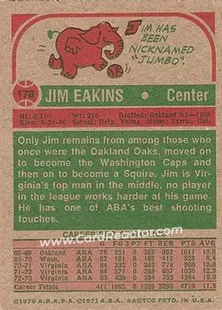 1973-74 Topps #178 - Jim Eakins - Virginia Squires - Back