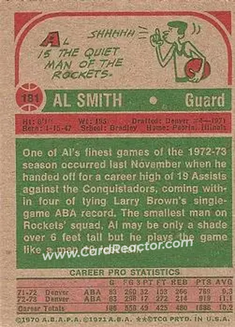 1973-74 Topps #181 - Al Smith - Denver Rockets - Back