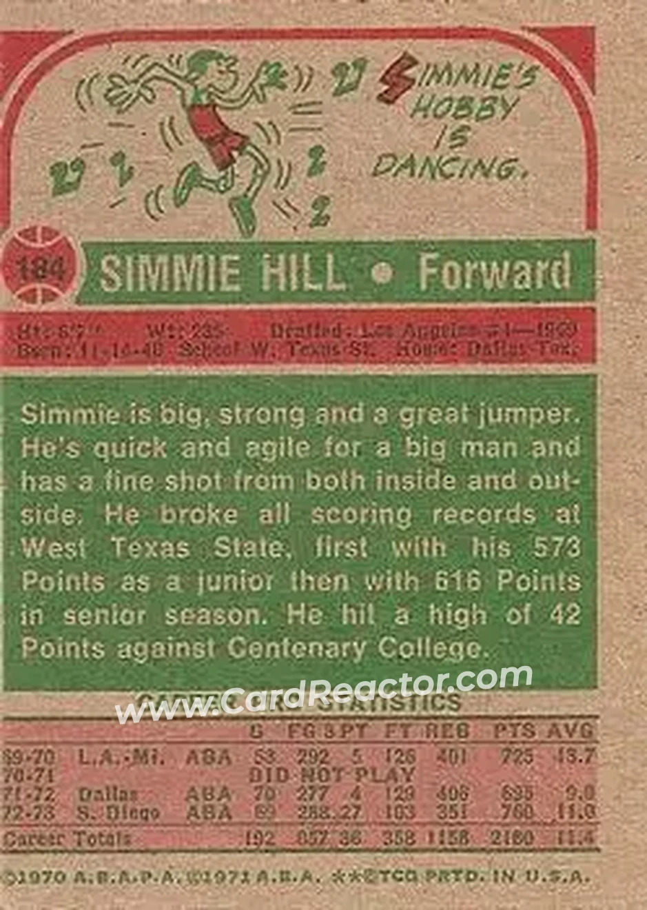 1973-74 Topps #184 - Simmie Hill - San Diego Conquistadors - Back