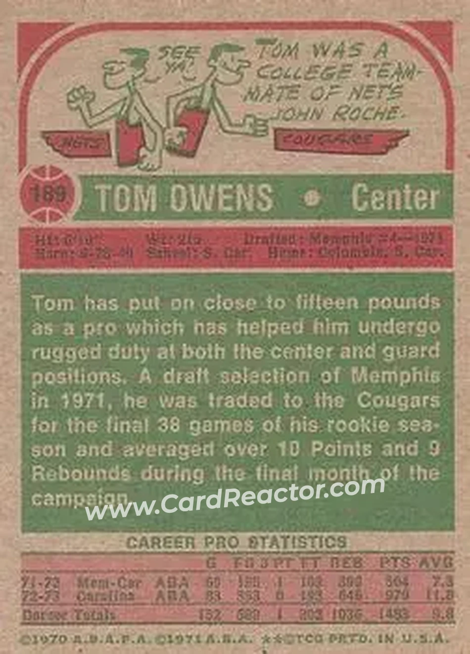 1973-74 Topps #189 - Tom Owens - Carolina Cougars - Back 1973-74 Topps #189 - Tom Owens - Carolina Cougars - Back
