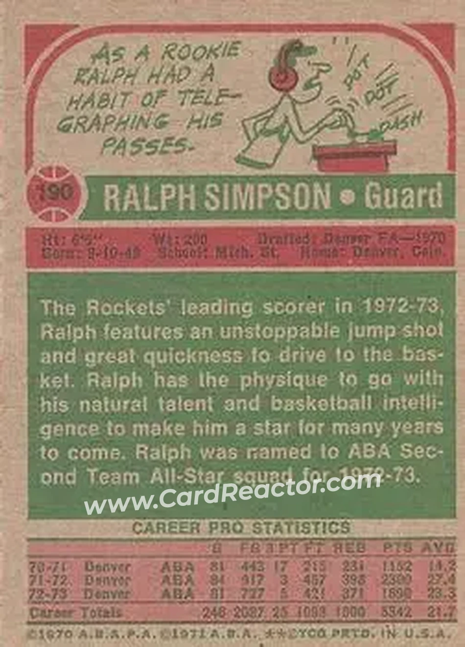 1973-74 Topps #190 - Ralph Simpson - Denver Rockets - Back