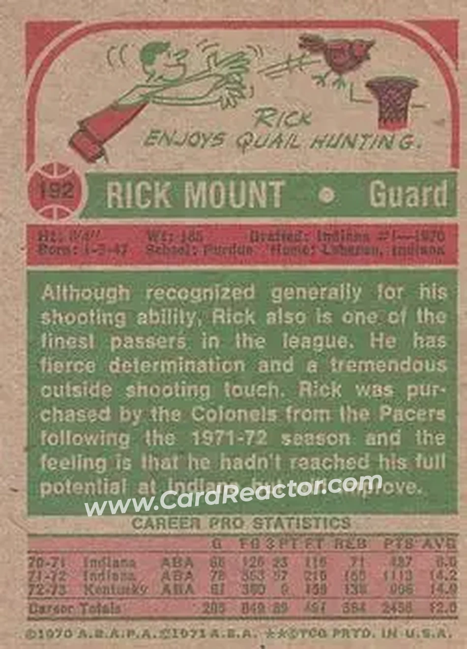 1973-74 Topps #192 - Rick Mount - Kentucky Colonels - Back