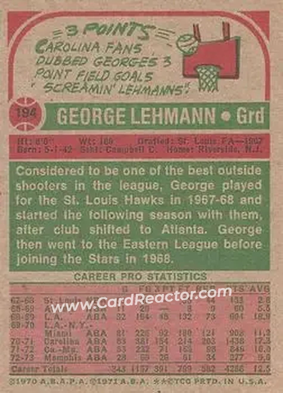 1973-74 Topps #194 - George Lehmann - Memphis Tams - Back