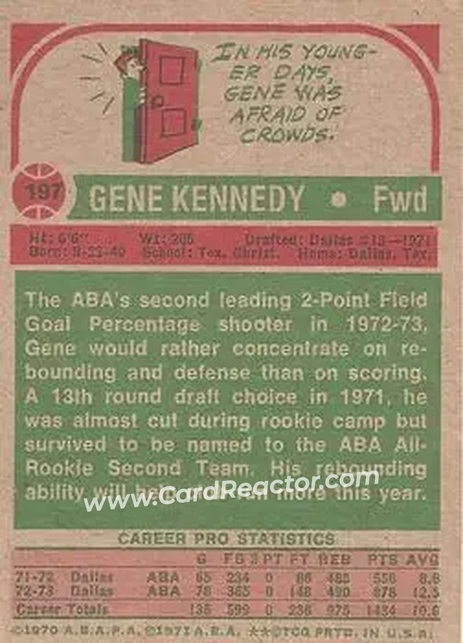 1973-74 Topps #197 - Gene Kennedy - San Antonio Spurs - Back