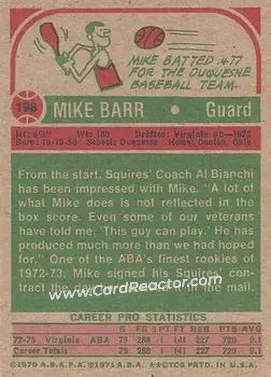 1973-74 Topps #198 - Mike Barr - Virginia Squires - Back
