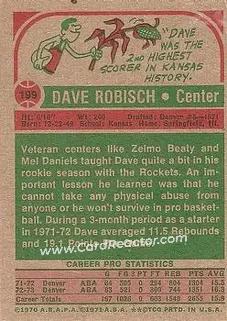 1973-74 Topps #199 - Dave Robisch - Denver Rockets - Back