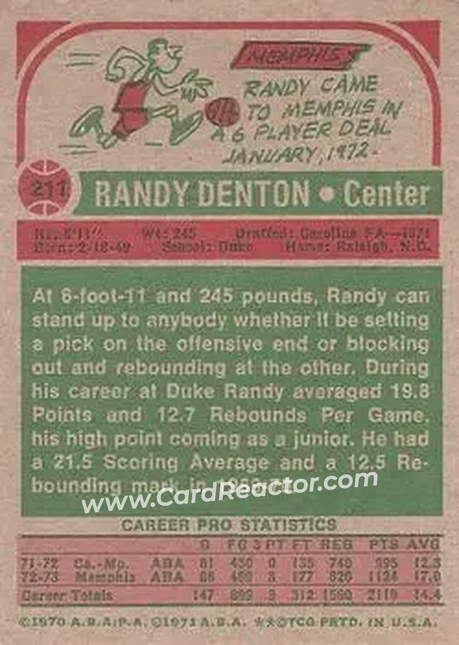 1973-74 Topps #211 - Randy Denton - Memphis Tams - Back