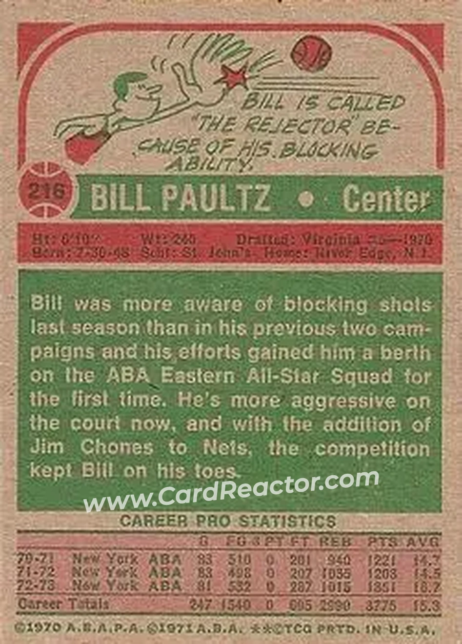 1973-74 Topps #216 - Billy Paultz - New York Nets - Back