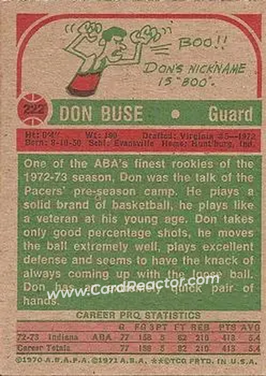 1973-74 Topps #222 - Don Buse - Indiana Pacers - Back