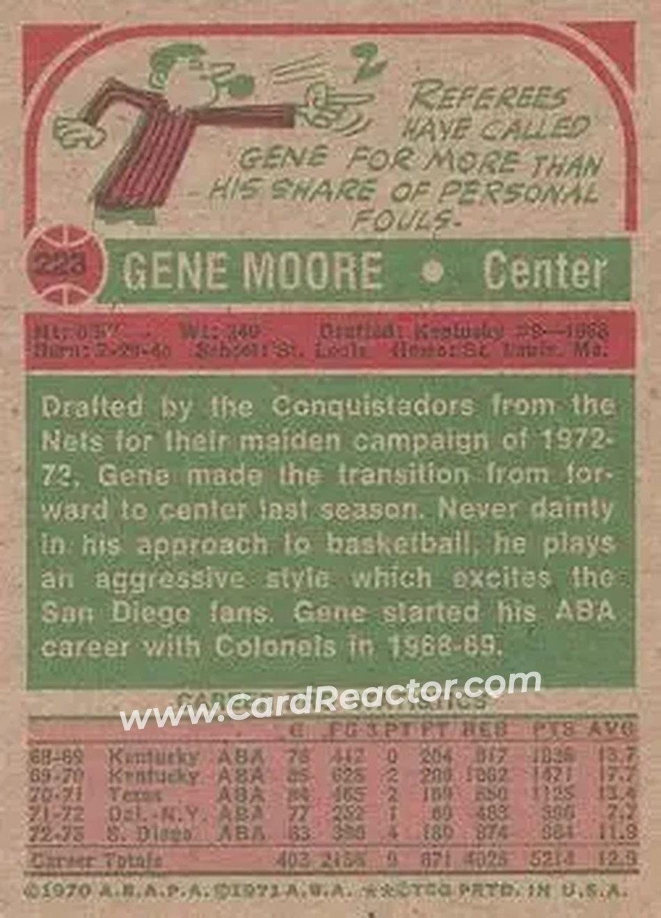 1973-74 Topps #223 - Gene Moore - San Diego Conquistadors - Back