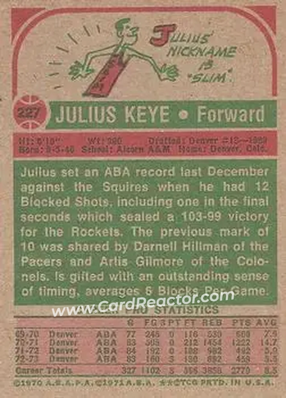 1973-74 Topps #227 - Julius Keye - Denver Rockets - Back