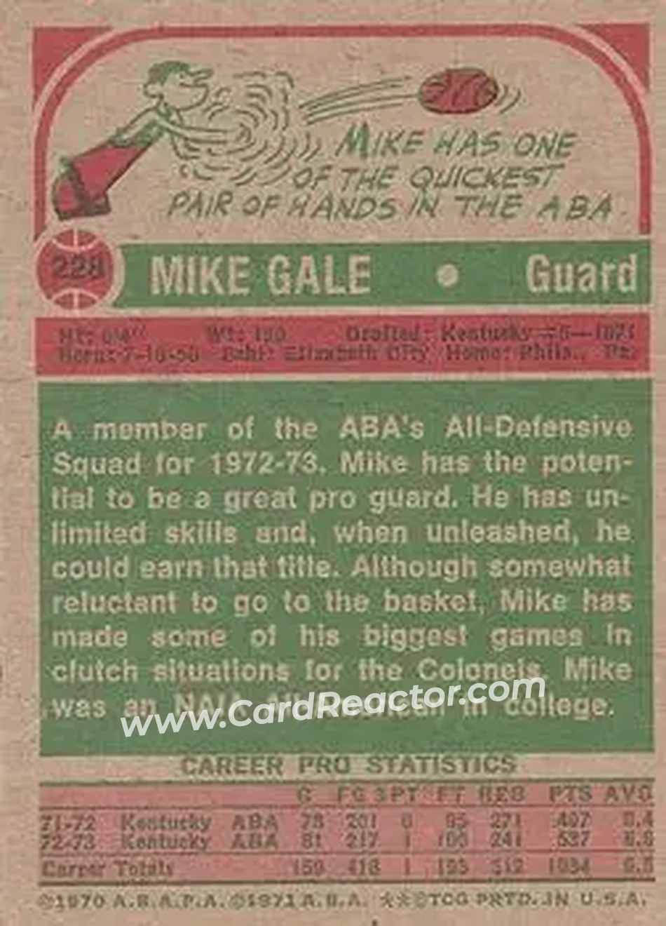 1973-74 Topps #228 - Mike Gale - Kentucky Colonels - Back