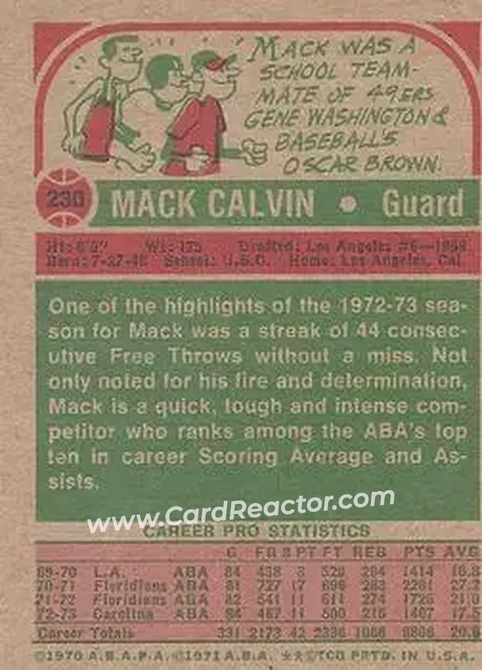 1973-74 Topps #230 - Mack Calvin - Carolina Cougars - Back