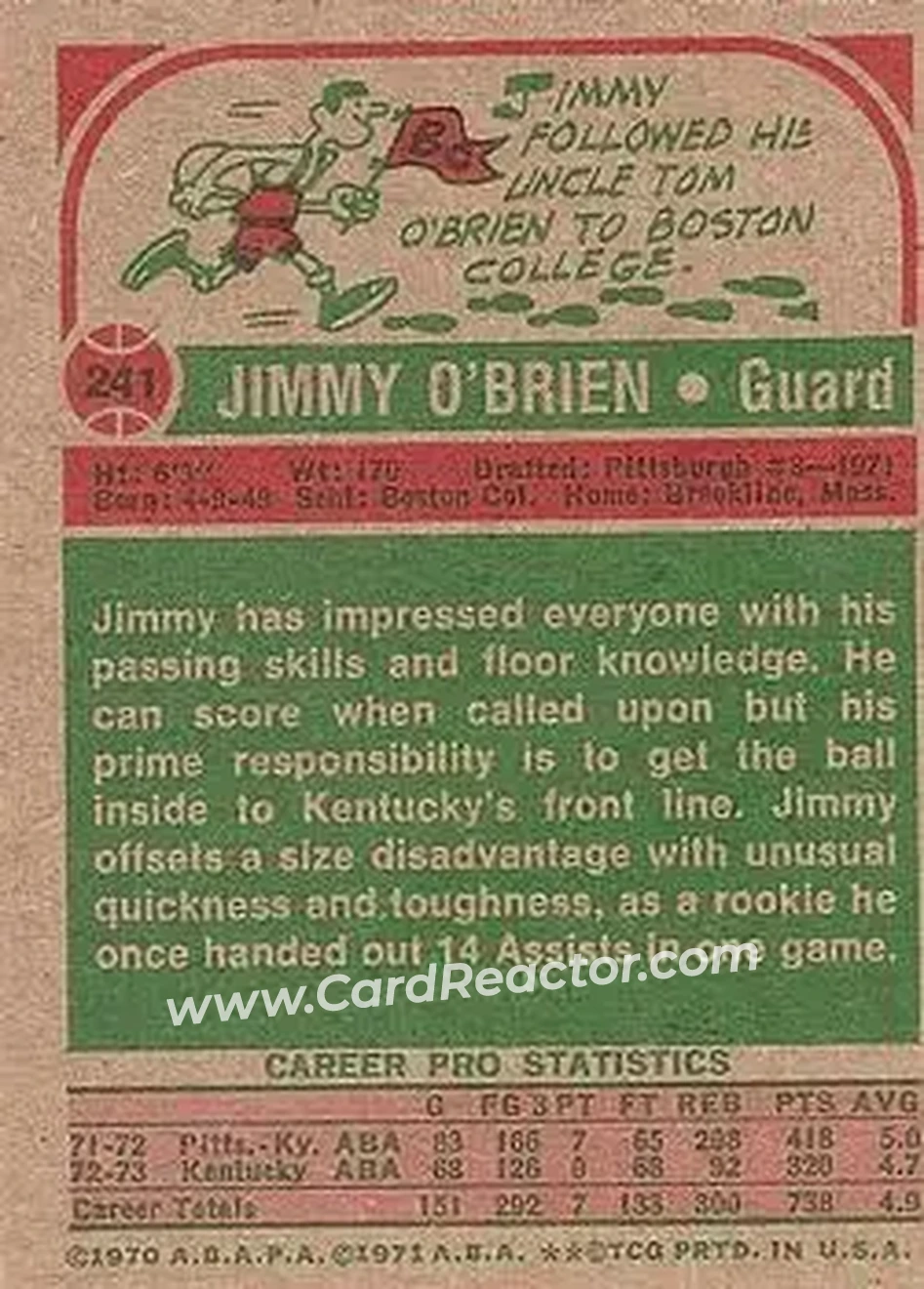 1973-74 Topps #241 - Jimmy O'Brien - Kentucky Colonels - Back