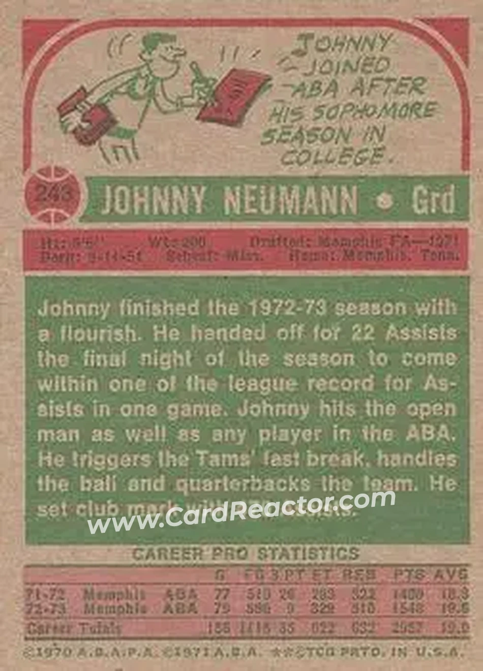 1973-74 Topps #243 - Johnny Neumann - Memphis Tams - Back