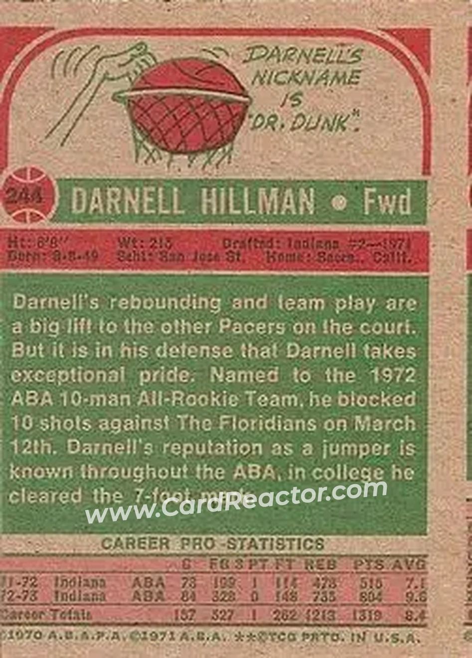 1973-74 Topps #244 - Darnell Hillman - Indiana Pacers - Back