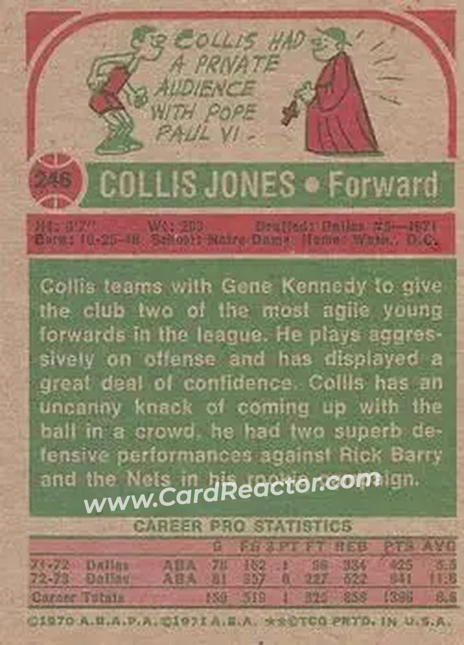 1973-74 Topps #246 - Collis Jones - San Antonio Spurs - Back