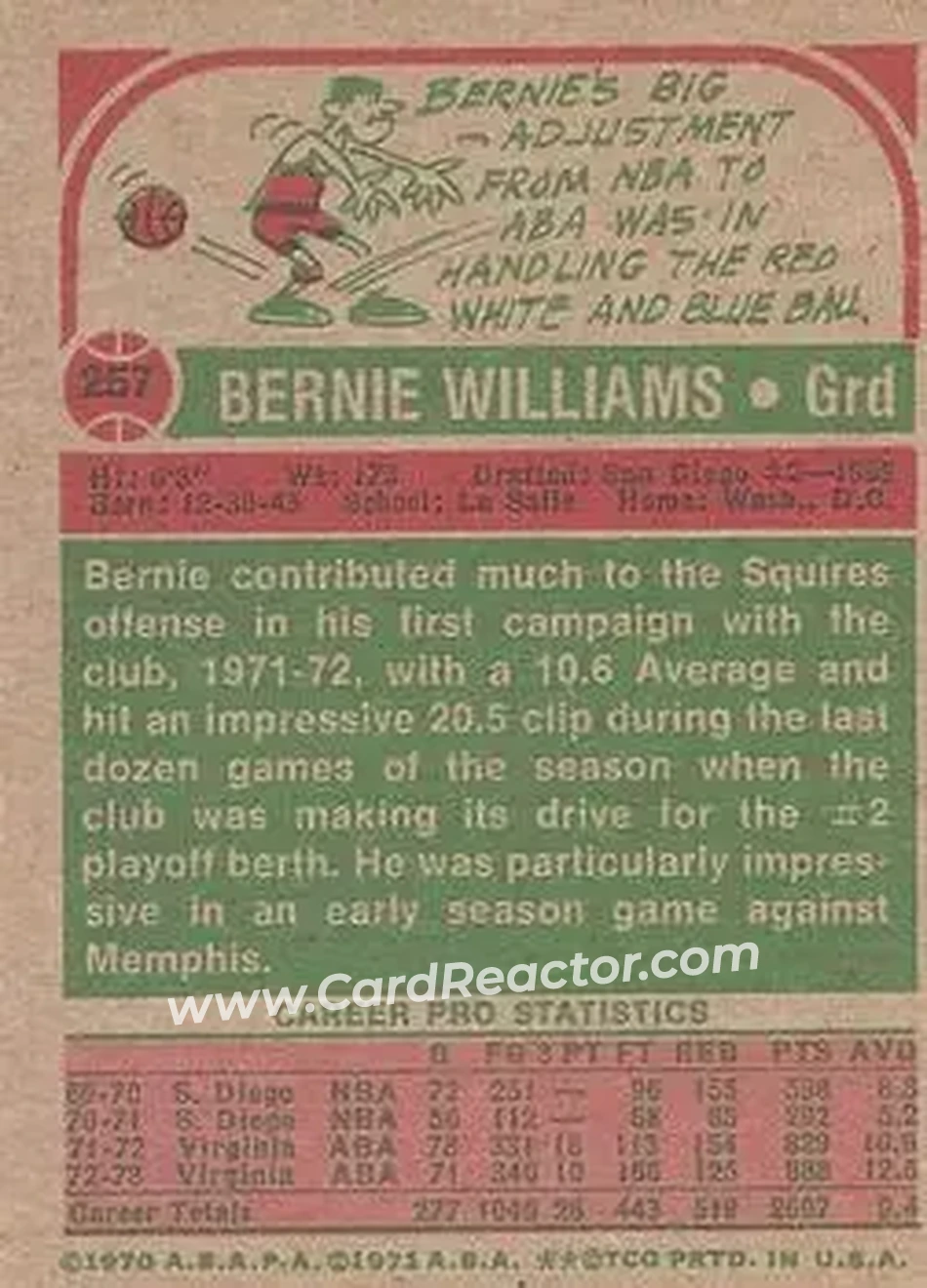 1973-74 Topps #257 - Bernie Williams - Virginia Squires - Back