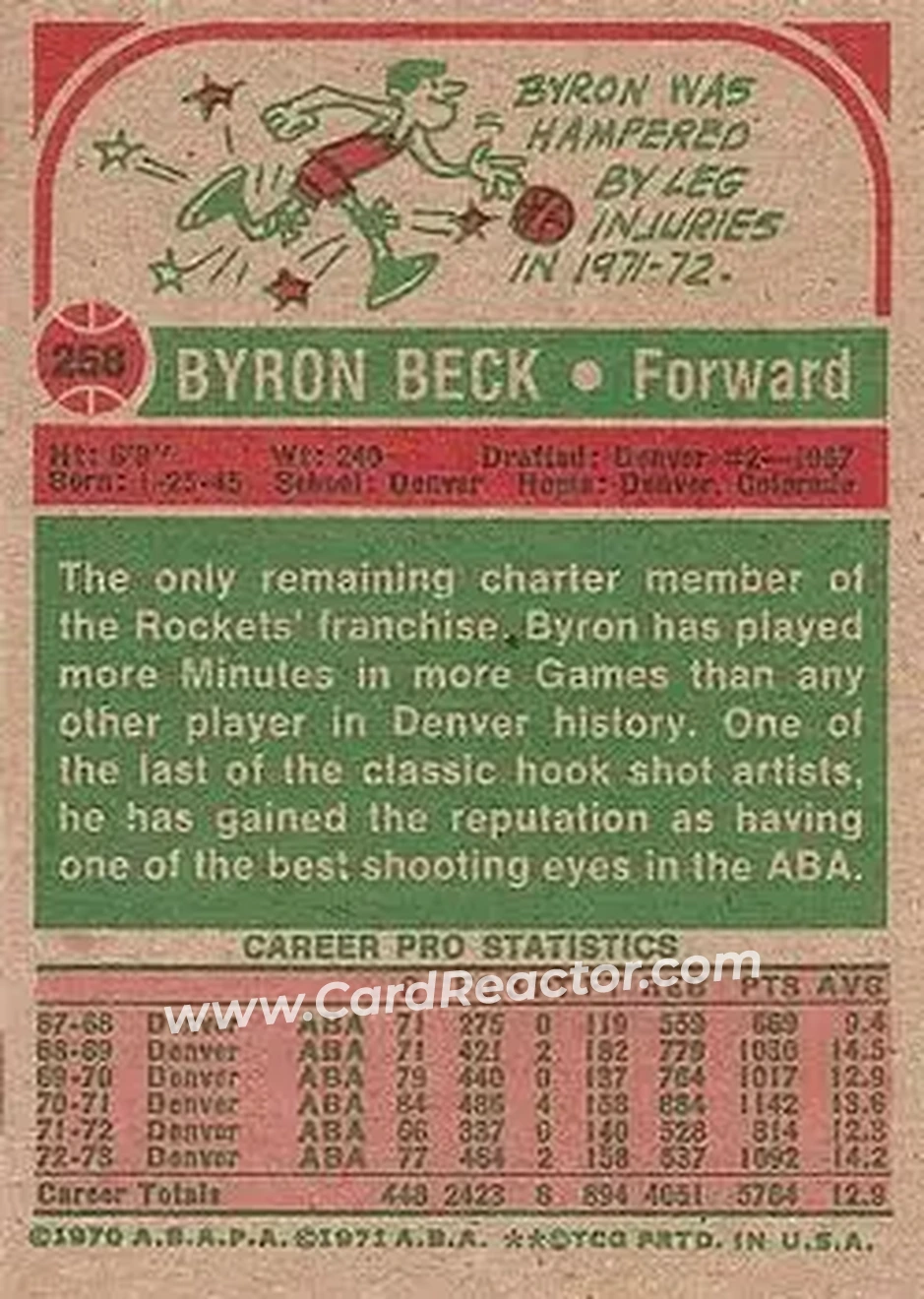 1973-74 Topps #258 - Byron Beck - Denver Rockets - Back