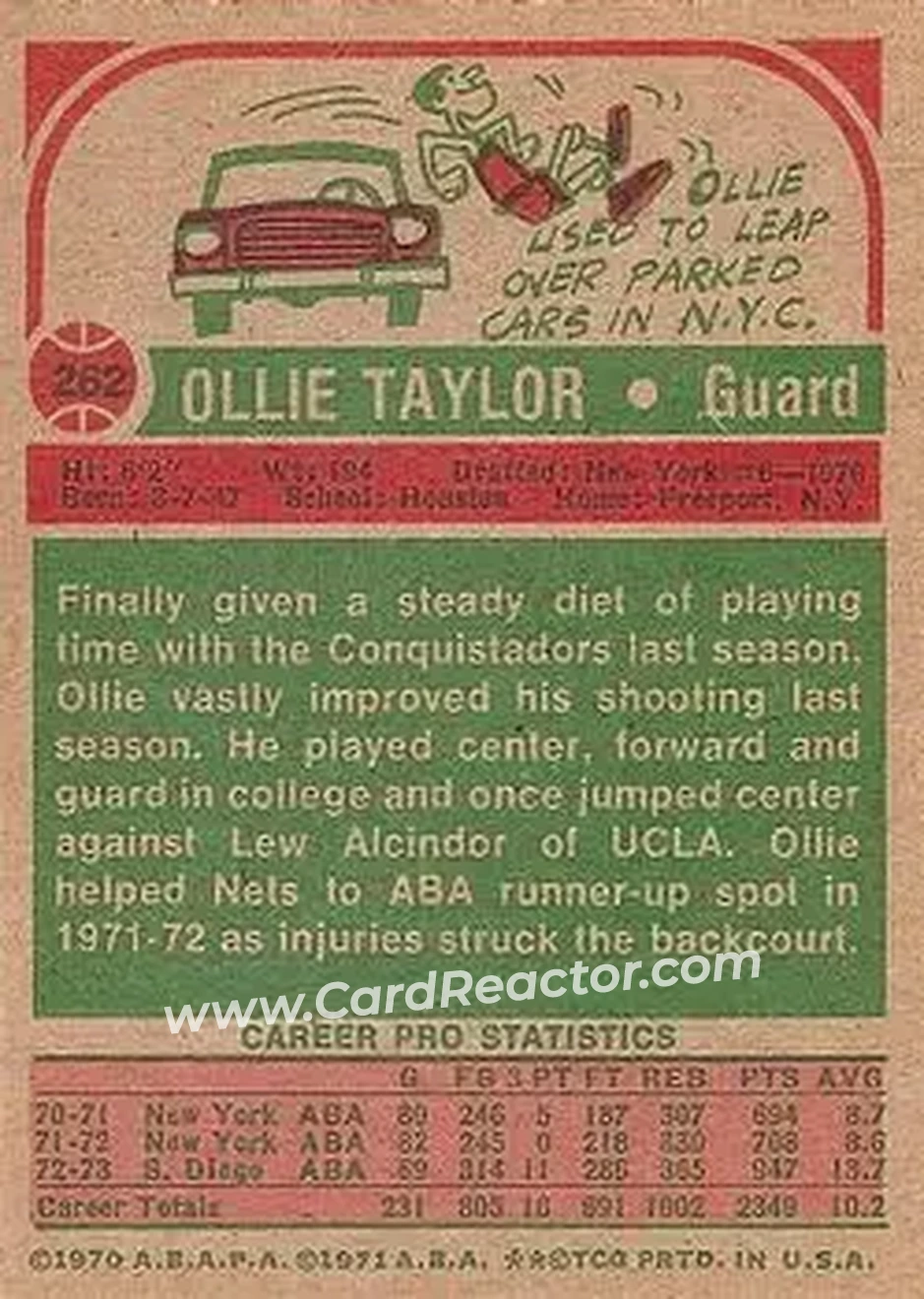 1973-74 Topps #262 - Ollie Taylor - San Diego Conquistadors - Back