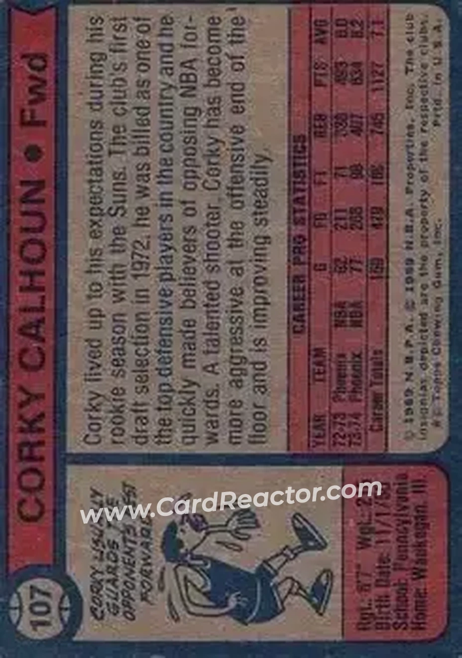 1974-75 Topps #107 - Corky Calhoun - Phoenix Suns - Back