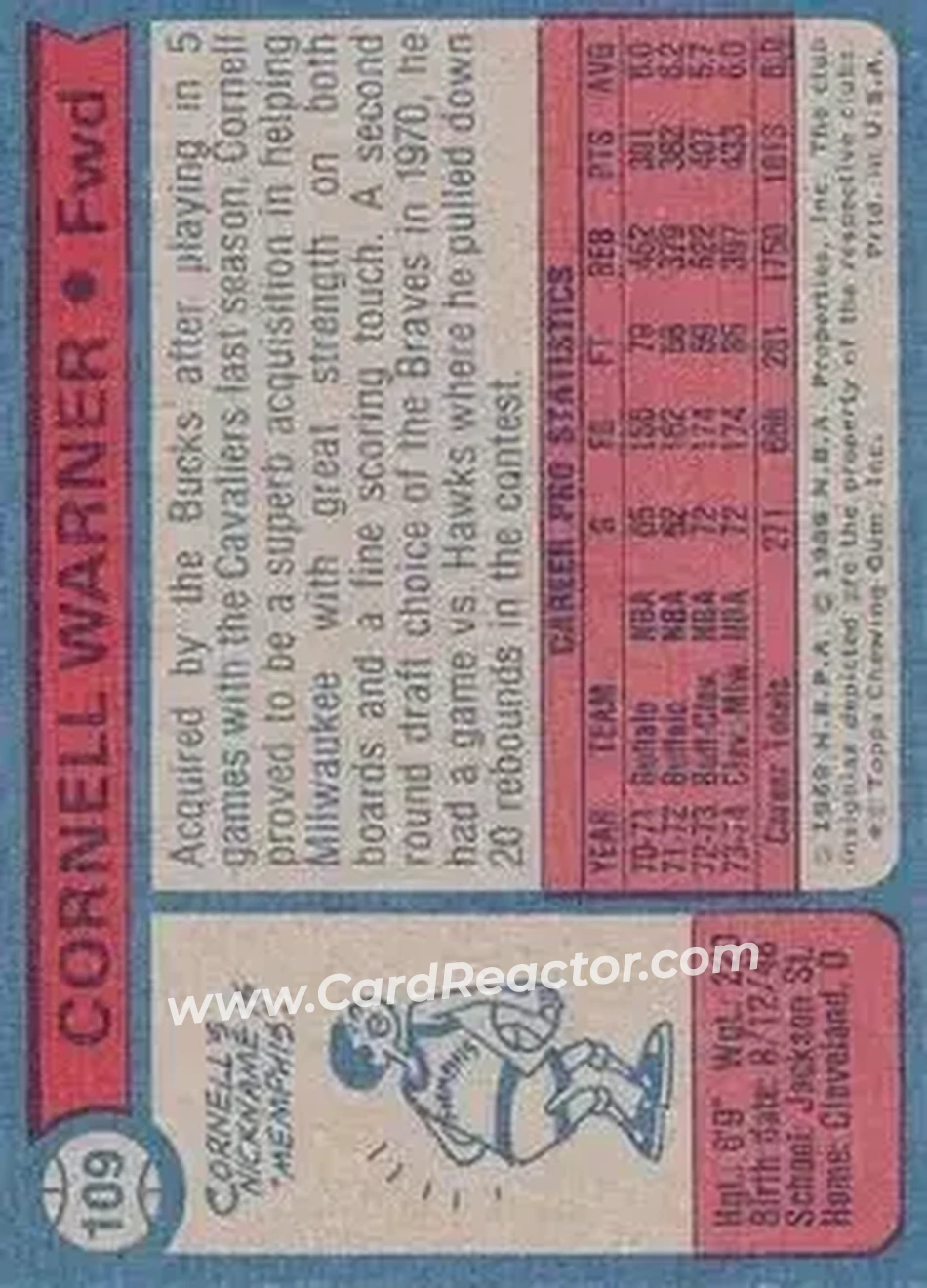 1974-75 Topps #109 - Cornell Warner - Milwaukee Bucks - Back 1974-75 Topps #109 - Cornell Warner - Milwaukee Bucks - Back