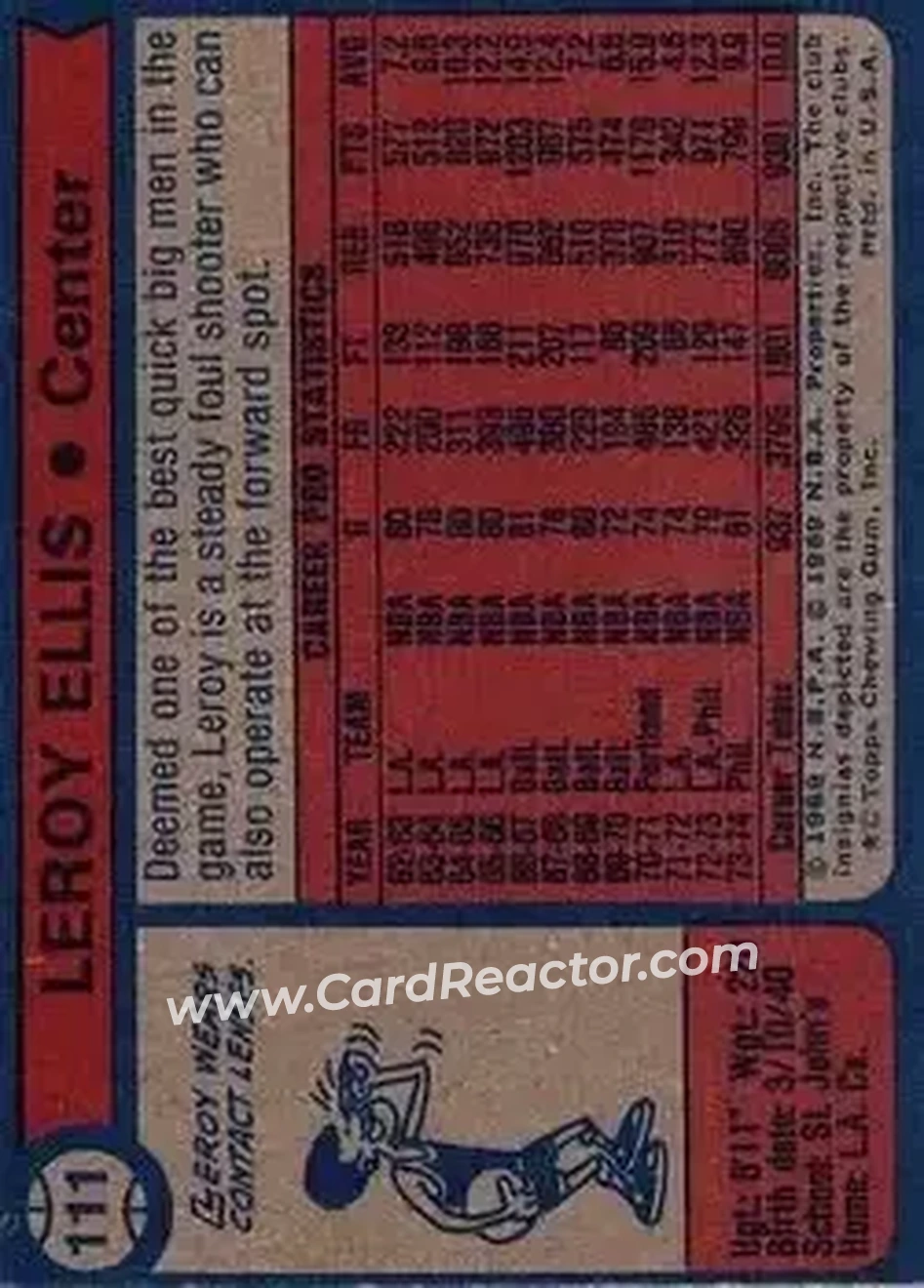 1974-75 Topps #111 - Leroy Ellis - Philadelphia 76ers - Back