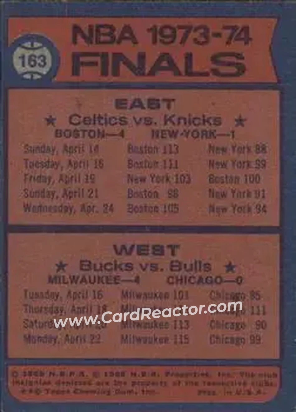 1974-75 Topps #163 - Card #163 - Back