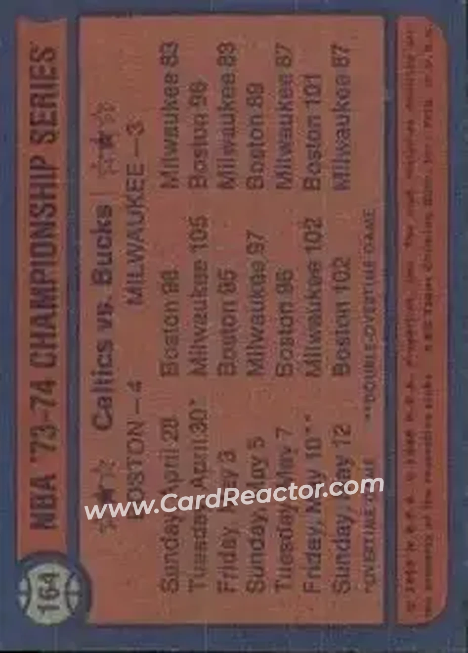 1974-75 Topps #164 - Card #164 - Back