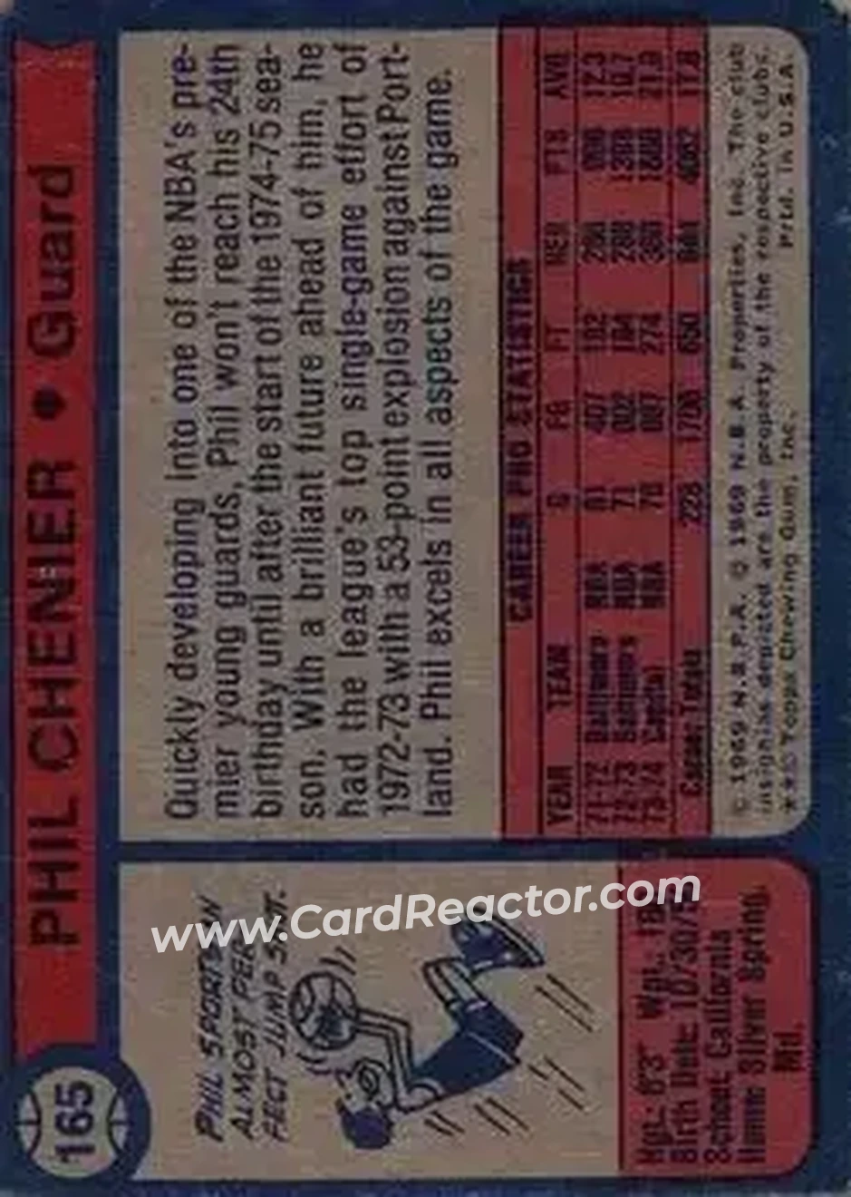 1974-75 Topps #165 - Phil Chenier - Washington Bullets - Back 1974-75 Topps #165 - Phil Chenier - Washington Bullets - Back