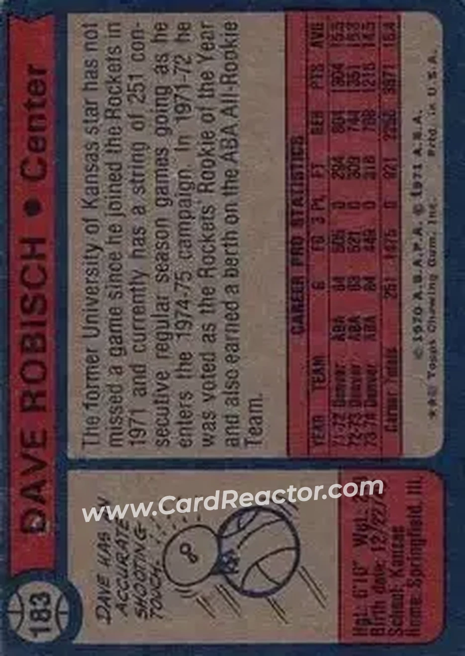 1974-75 Topps #183 - Dave Robisch - Denver Nuggets - Back