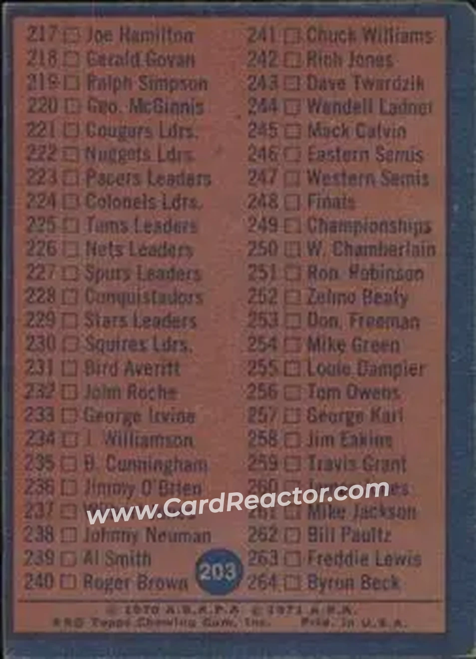 1974-75 Topps #203 - Card #203 - Back