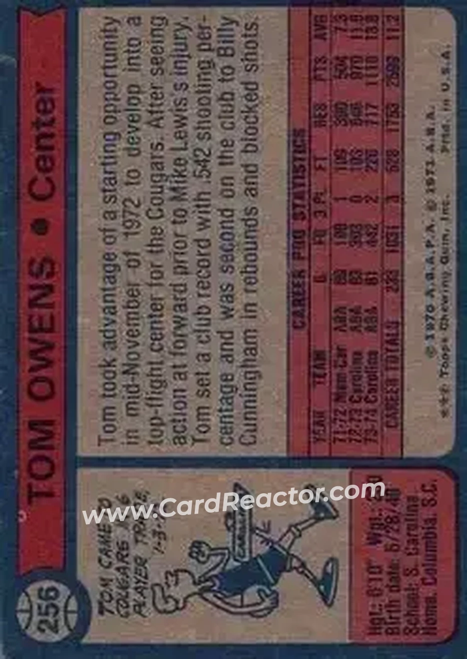 1974-75 Topps #256 - Tom Owens - Spirits of St. Louis - Back
