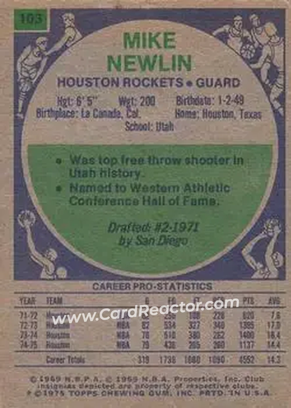 1975-76 Topps #103 - Mike Newlin - Houston Rockets - Back