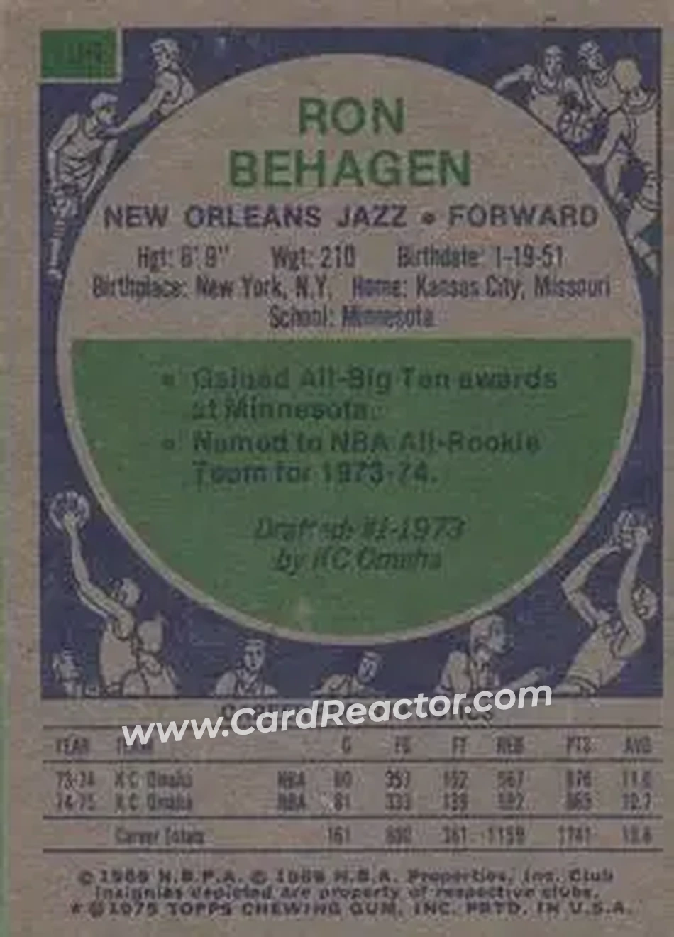 1975-76 Topps #106 - Ron Behagen - New Orleans Jazz - Back 1975-76 Topps #106 - Ron Behagen - New Orleans Jazz - Back