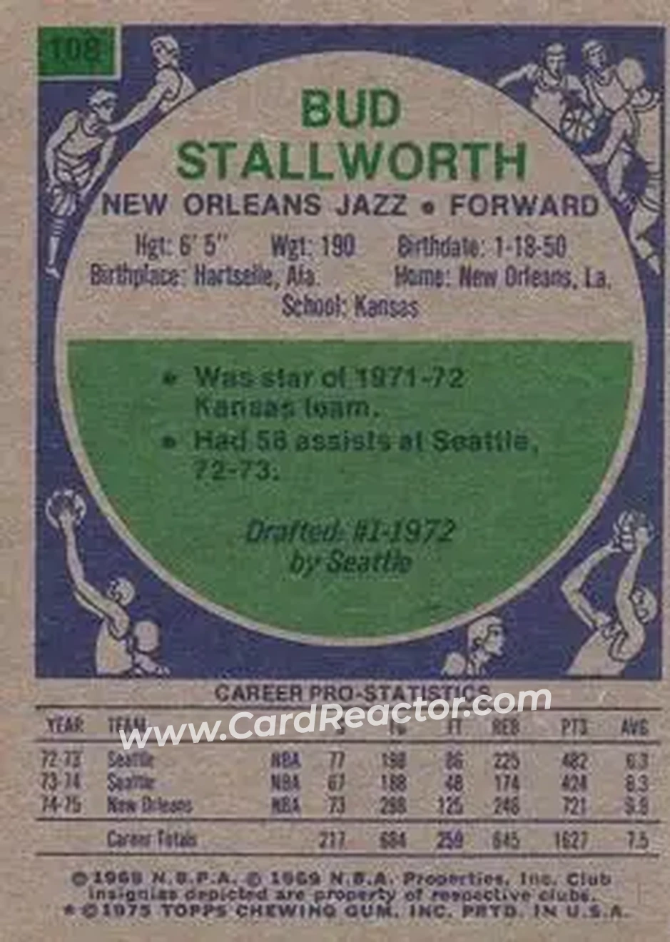 1975-76 Topps #108 - Bud Stallworth - New Orleans Jazz - Back