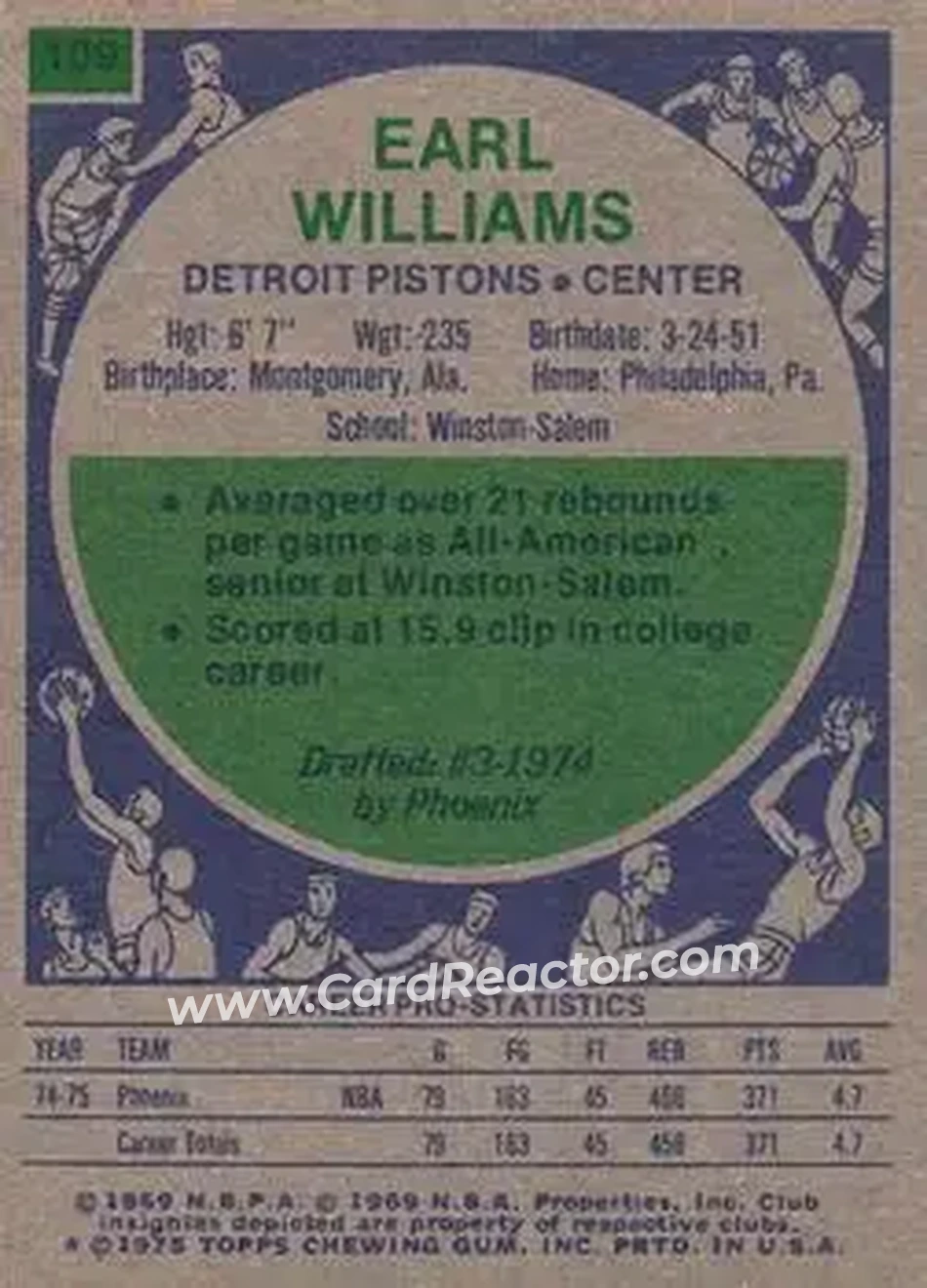 1975-76 Topps #109 - Earl Williams - Detroit Pistons - Back